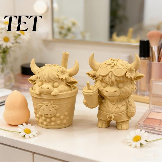 Cute Desktop Ornament 2Pcs Highland Cow Figurine, 3D Printed Bubble Tea Statues, Cartoon Animal Sculpture Summer Farmhouse Style Ornaments,