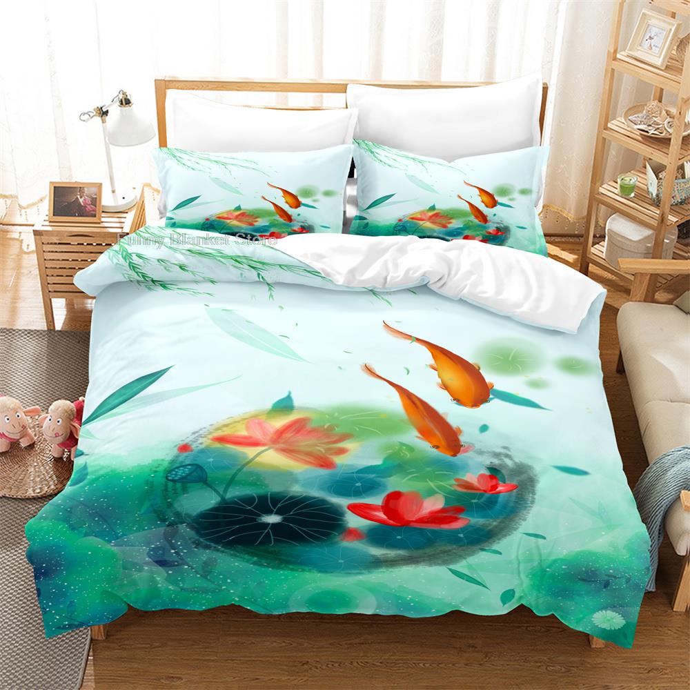 Goldfish Duvet Cover King/Queen Size Golden Red 3D Animal Bedding Set For Kid Teen Adult,Fish Themed Quilt Cover With Pillowcase