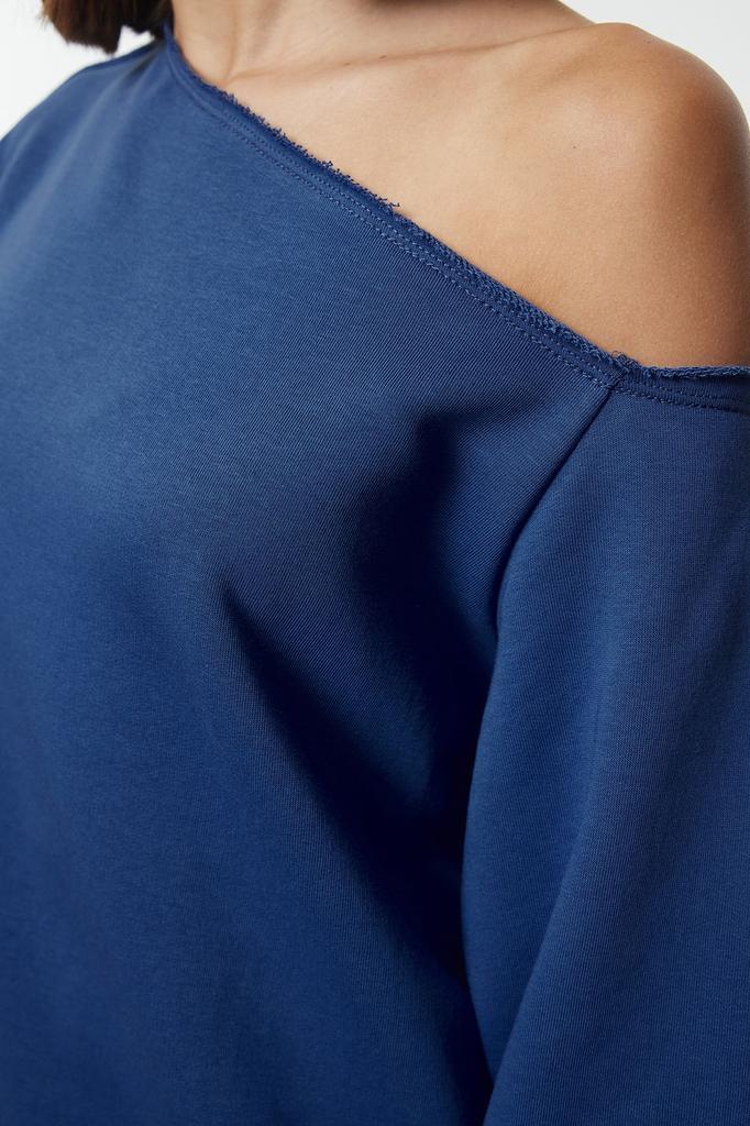 Women's Elegance Style Sweatshirt Indigo Oversize Wide Fit Asymmetrical Collar Thick Knitted Sweatshirt