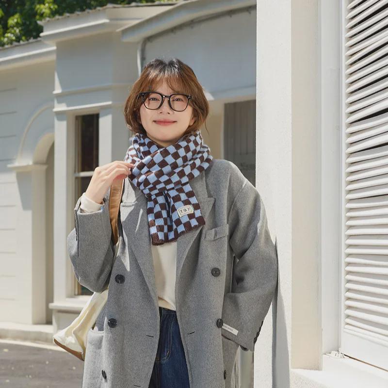 2024 Women's High-End Korean Blue Checkerboard Knit Scarf - Winter Warm Shawl