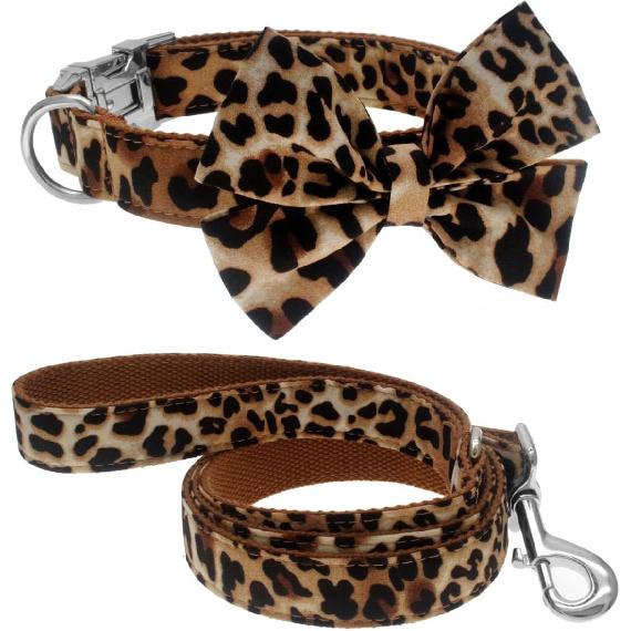 Dog Collar with Bow, Cotton & Webbing, Detachable Bowtie Dog Collar, Adjustable Dog Collars and Leash for Small Medium Large Dogs (S, Leopard Print)