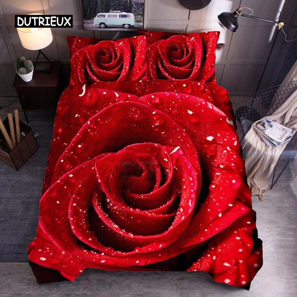 Комплект пододеяльника King Size с красными розами, из микрофибры, с ботаническим рисунком, романтический дизайн с цветами