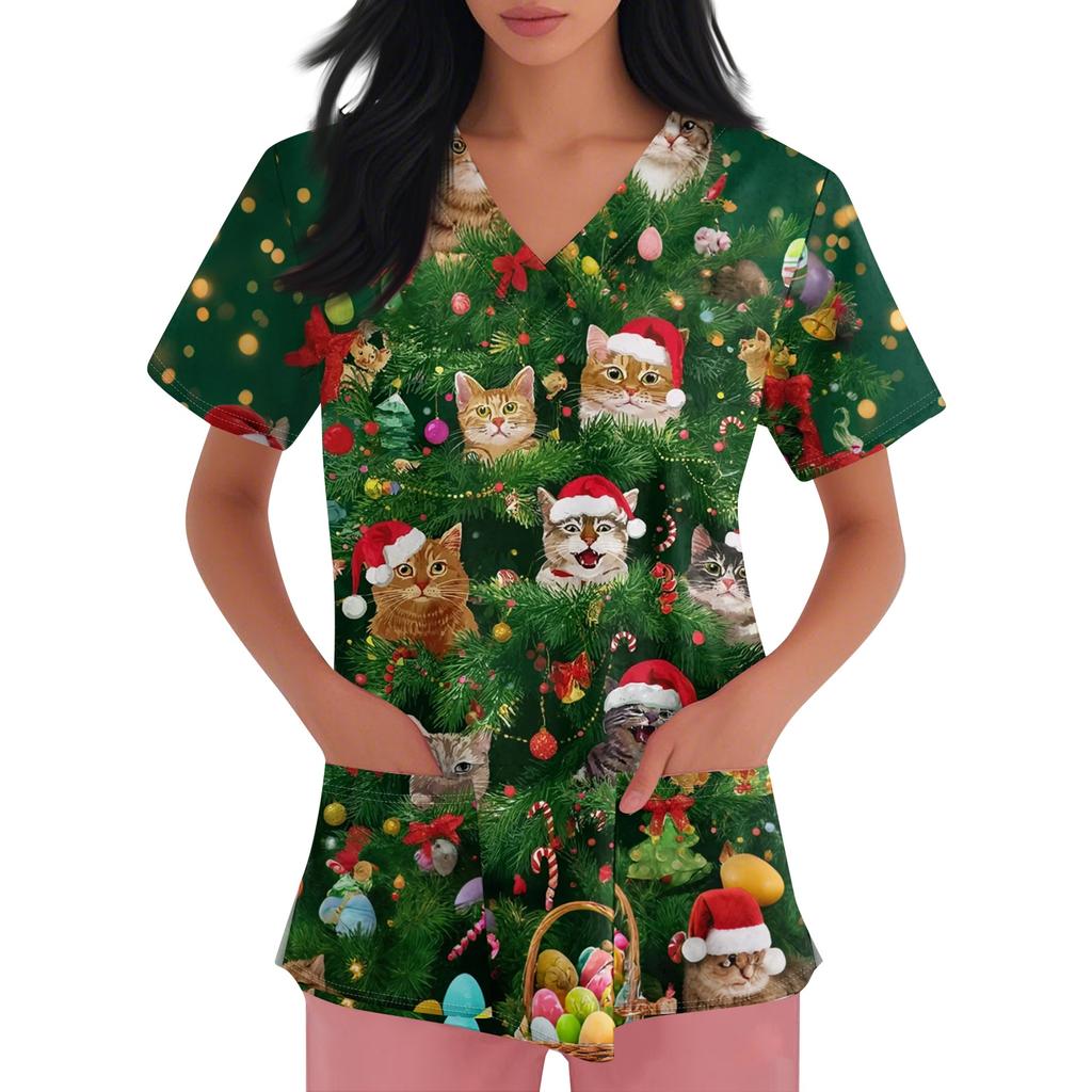 Женский топ защитного костюма с V-образным вырезом, рождественским принтом, короткими рукавами, карманом и боковым разрезом