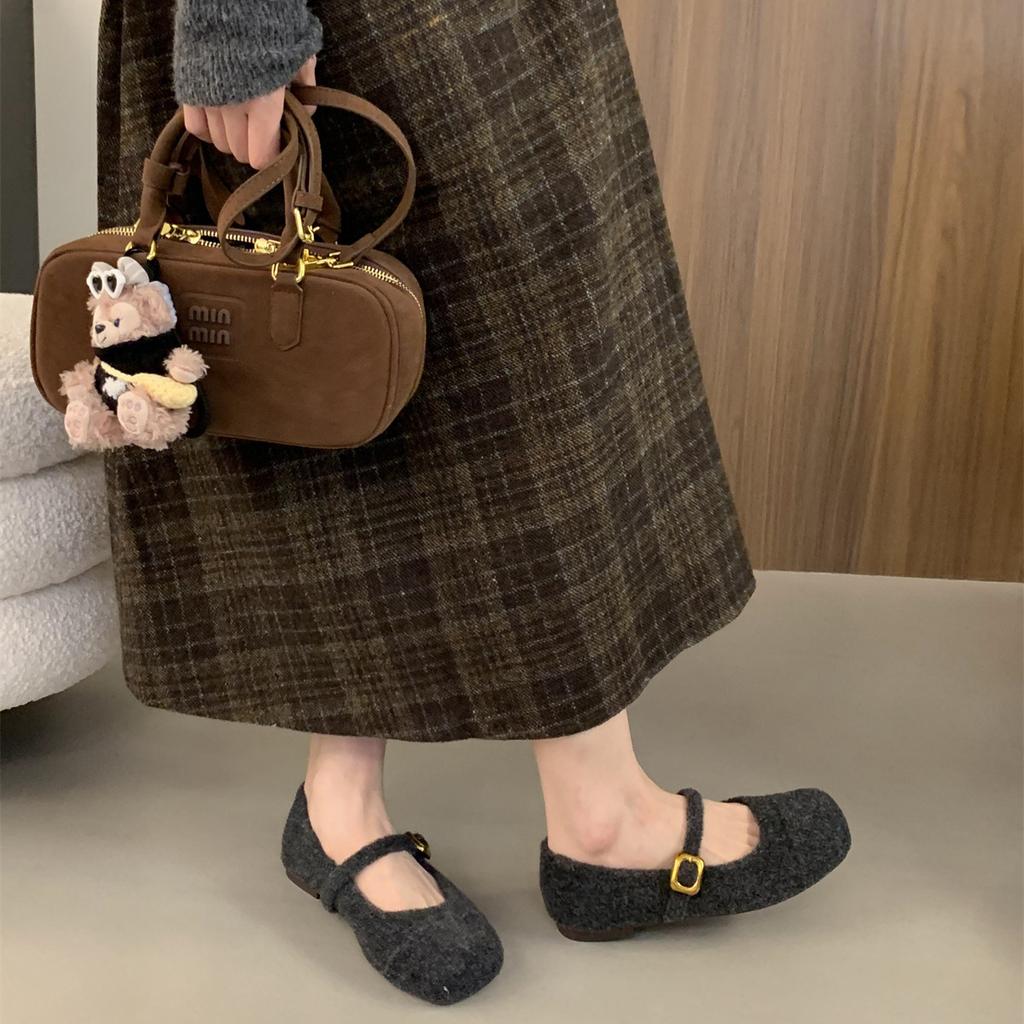 Женская зимняя обувь Мэри Джейн, повседневные нескользящие туфли на плоской подошве с ремешком на щиколотке, офисные туфли на плоской подошве, флисовые туфли Мэри Джейн с квадратным носком для женщин