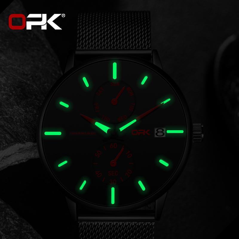 OPK 8116 Fashion Original Quartz Watch for Man Waterproof Luminous Steel Mesh Strap Date Week Man Wristwatch