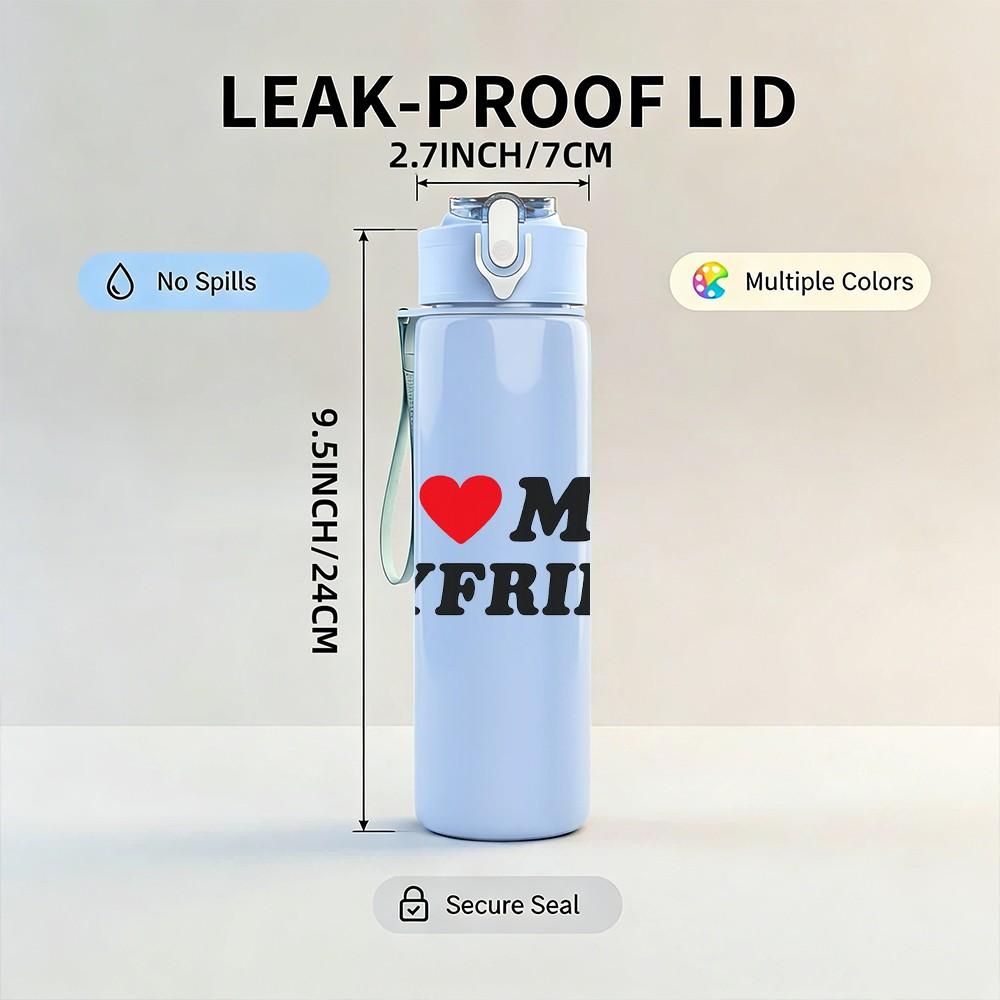 1PC I Love My Boyfriend Letter Logo 750ml Color Plastic Sports Water Bottle Leakproof Flip Straw Lid Suitable for Sports Office Home Use