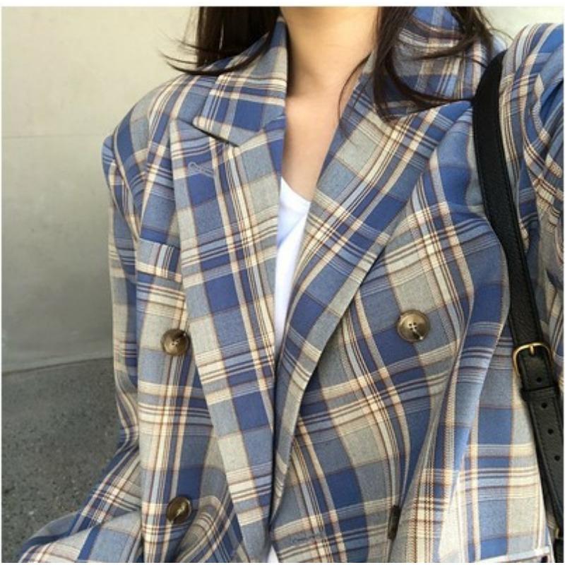 Женский осенний двубортный пиджак-пиджак винтажный свободный женский пиджак с карманами повседневная крутая верхняя одежда