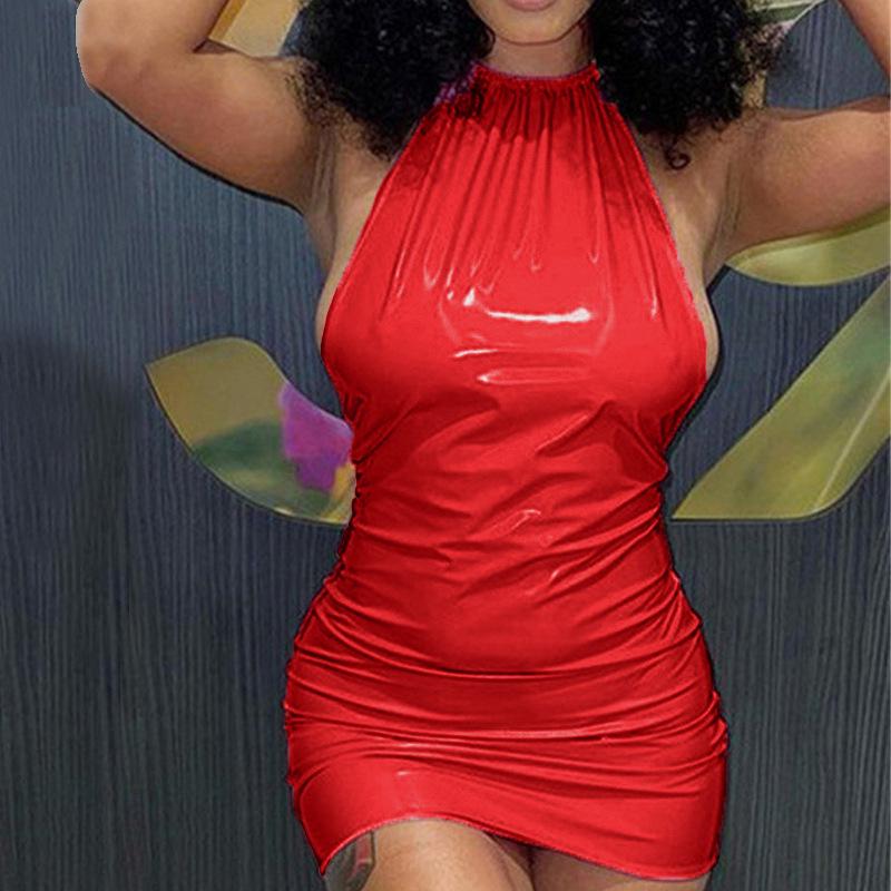Летнее мини-платье халтер конфетного цвета из искусственной кожи: Сексуальное облегающее платье с открытой спиной