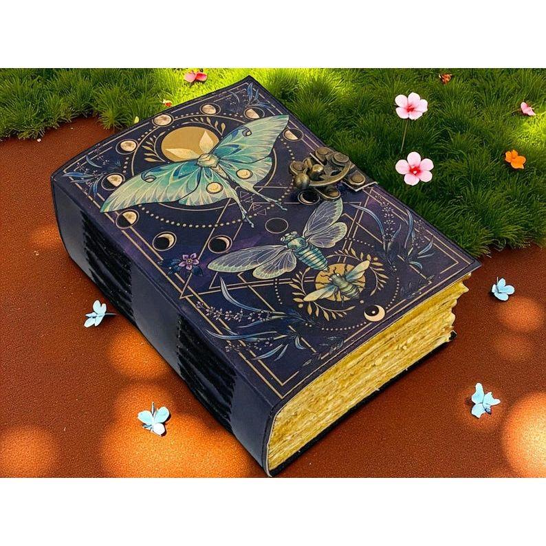 Luna Moth Grimoire – Handmade Spell Book with Lock | Personalized Wiccan Leather Journal with Deckle Pages | Witchy Gift