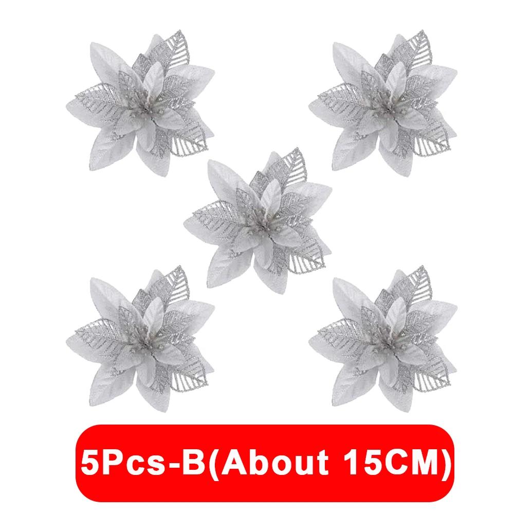 5/1Pcs Christmas Glitter Artificial Flowers DIY Christmas Tree Hanging Ornaments Fake Flower For Xmas New Year Party Decor Gifts