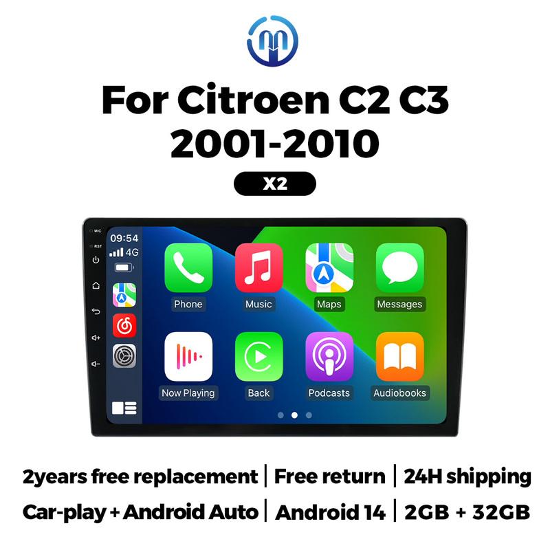 Автомагнитола Android 14 для Citroen C2 C3 2001-2010 Беспроводной Carplay Android Auto Мультимедийный плеер WIFI GPS BT 2din Авторадио FM