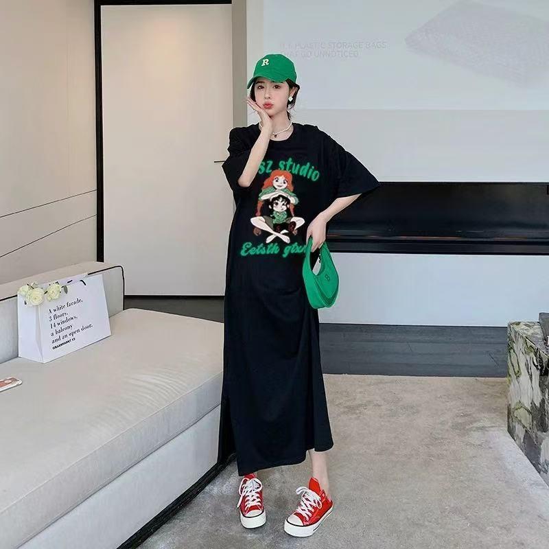 Женское платье-футболка с короткими рукавами и круглым вырезом, большого размера, свободного кроя, длинное, в стиле кэжуал, длиной до колена, для сна