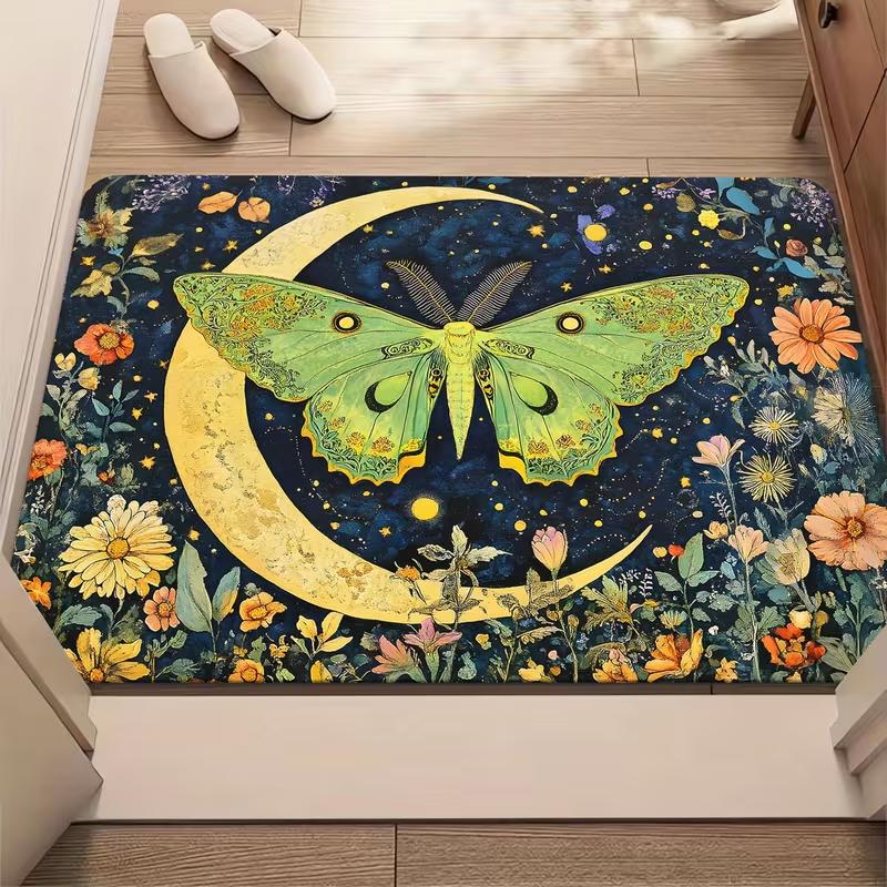Vintage Luna Moth Crescent Moon Wildflower Starry Sky Doormat Non Slip Entrance Mat Bohemian Floral Welcome Rug For Bedroom