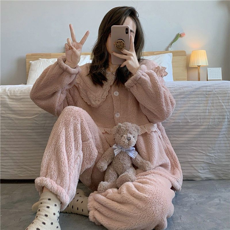 Пижамы для женщин осень-зима коралловый домашняя одежда фланель очень толстый зимний большой размер очень большой флисовый теплый костюм