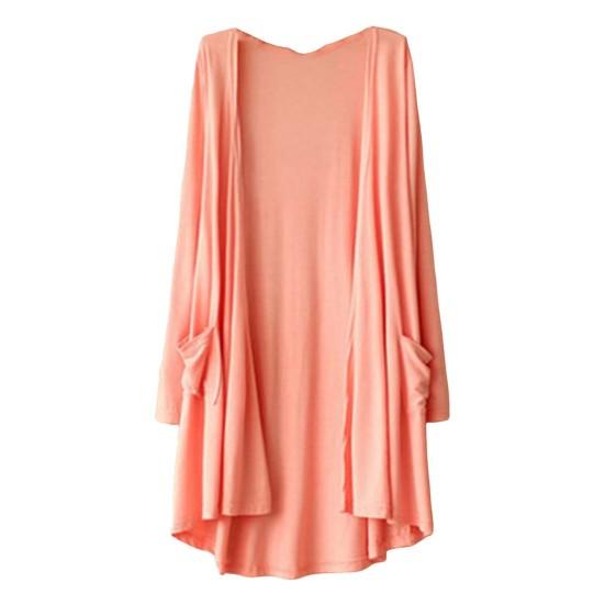 Весенне-осеннее женское пальто, свободное, средней длины, однотонное, с длинными рукавами, тонкое, с карманами, с открытой строчкой