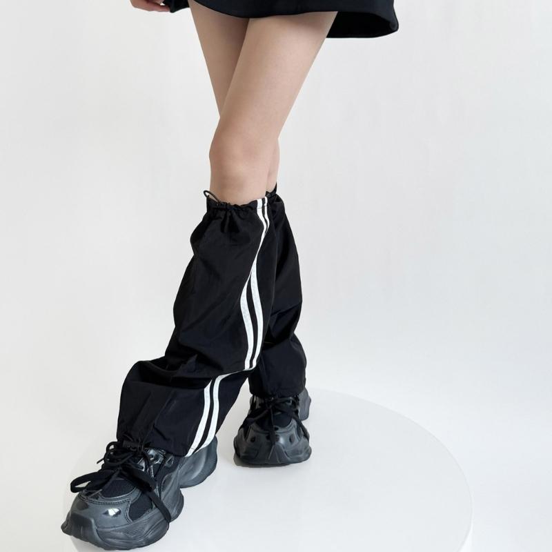 Fashion Drawstring Cargo Leg Warmers for Women Harajuku Side Double Striped Baggy Leg Covers Footless Socks Streetwear