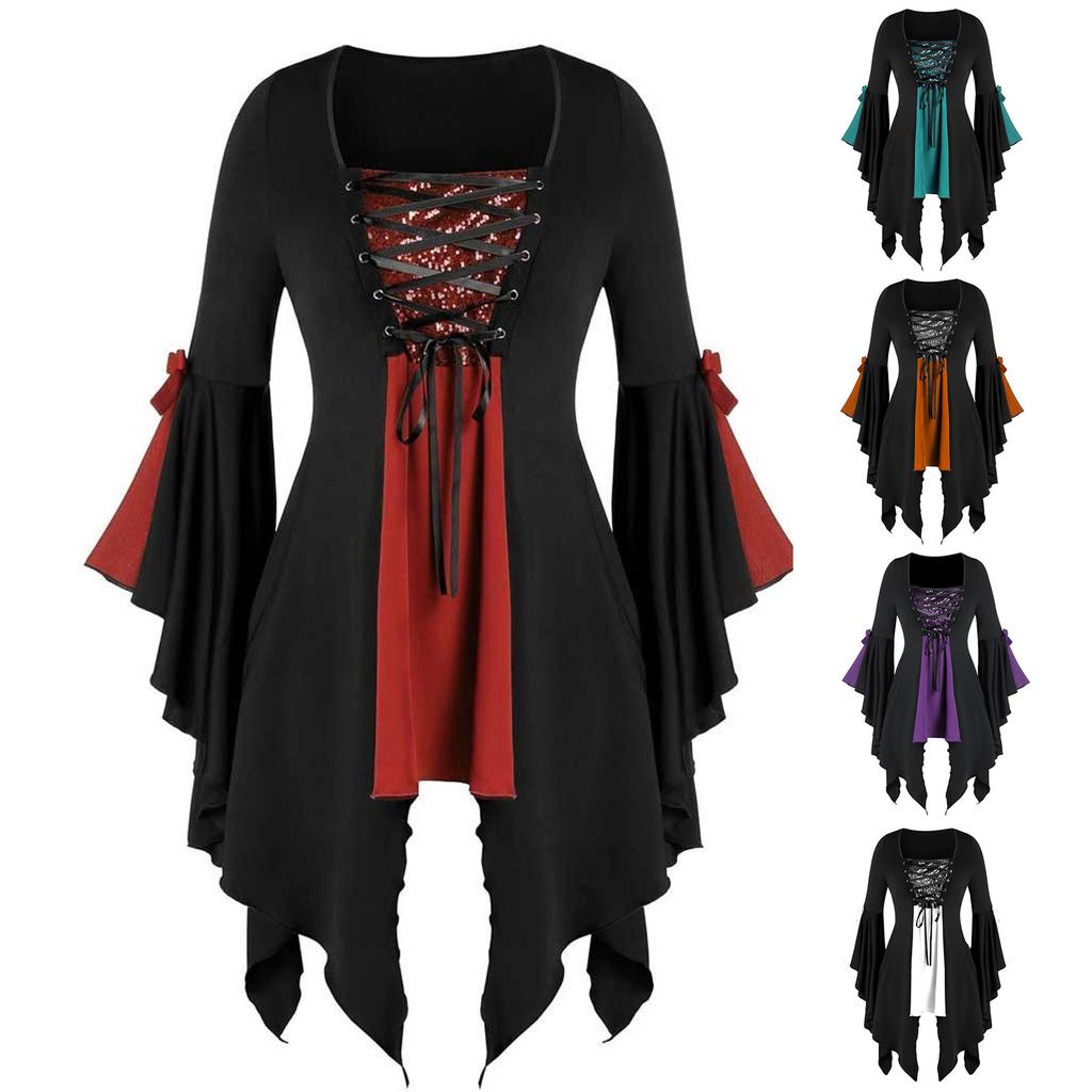 Женская рубашка больших размеров на Хэллоуин, топ с длинными рукавами и блестками, готическая туника, футболка, декор на Хэллоуин, карнавальный костюм