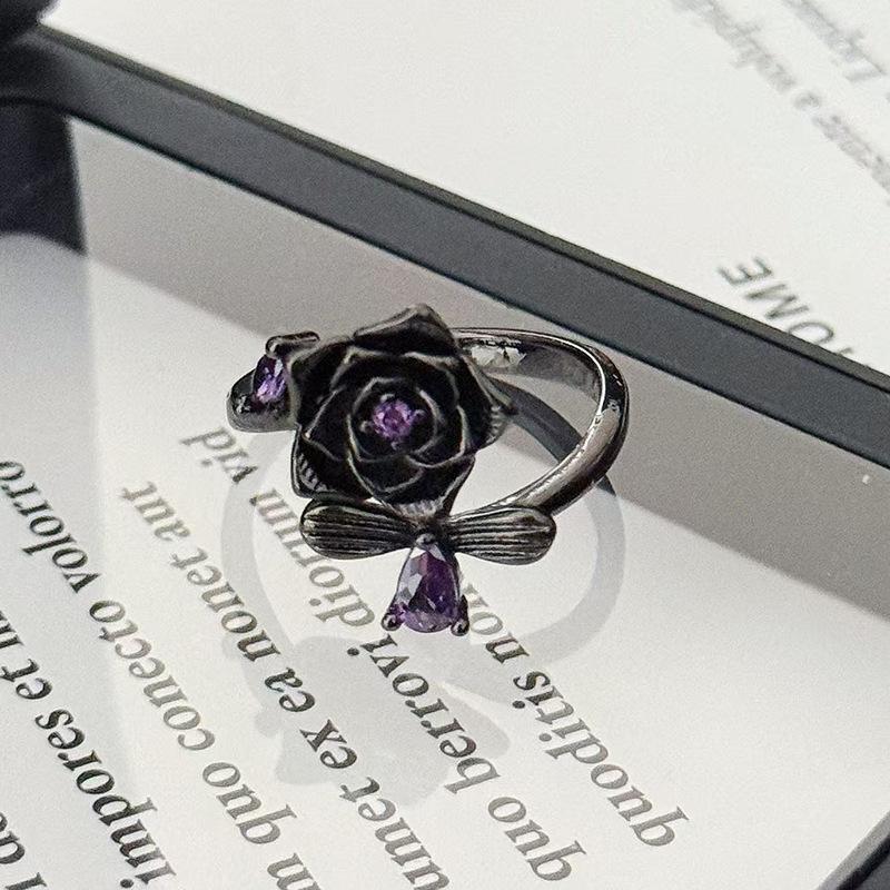 Винтажное кольцо с темной лозой, розово-фиолетовым бриллиантом, открытое кольцо-лепесток, нишевое, с высоким чувством стиля, простое кольцо