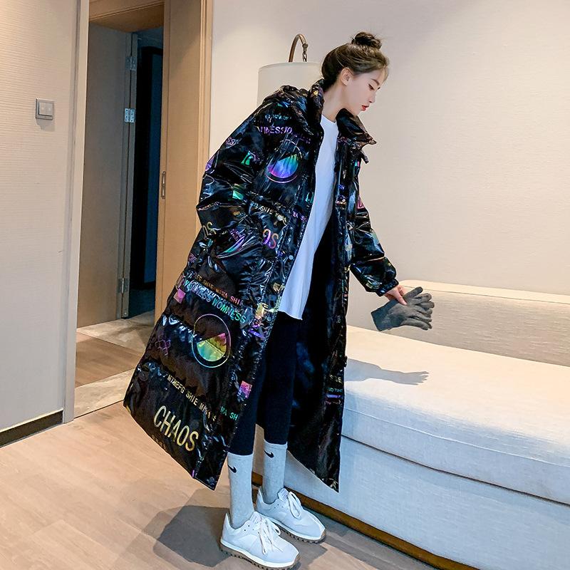 Autumn And Winter Black Bright Face Down Cotton Coat Women's Mid Length Thick Cotton Coat Over Knee