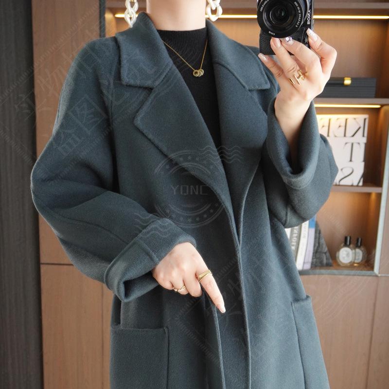Женское кашемировое пальто средней длины в корейском стиле двустороннее - Высококачественная чистая шерсть, свободный крой для осени и зимы