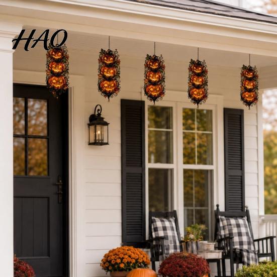 Indoor Outdoor Festive Decor Triple Jack-O'-Lantern Acrylic Hanging Ornament, Vine Fall Pumpkin Wall Decor, Stained Creative Halloween Seasonal