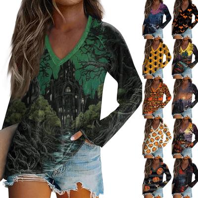 Женская футболка с длинным рукавом и V-образным вырезом с принтом на Хэллоуин, повседневные базовые топы