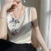 Женская шелковая майка с принтом 24 года - Топ из сатина и шелка тутового дерева с круглым и V-образным вырезом для многослойности в летнем костюме
