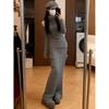 Design sense lazy style gray turtleneck off-the-shoulder sleeve knitted sweater women's spring and autumn slim and thin skirt two-piece set