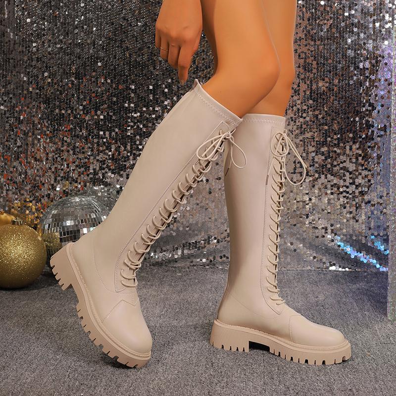 Сапоги из искусственной кожи до колена, женские, осенне-зимние, с молнией сзади, мотоциклетные, женские, бежевые, черные, теплые, нескользящие, длинные, Botas Mujer