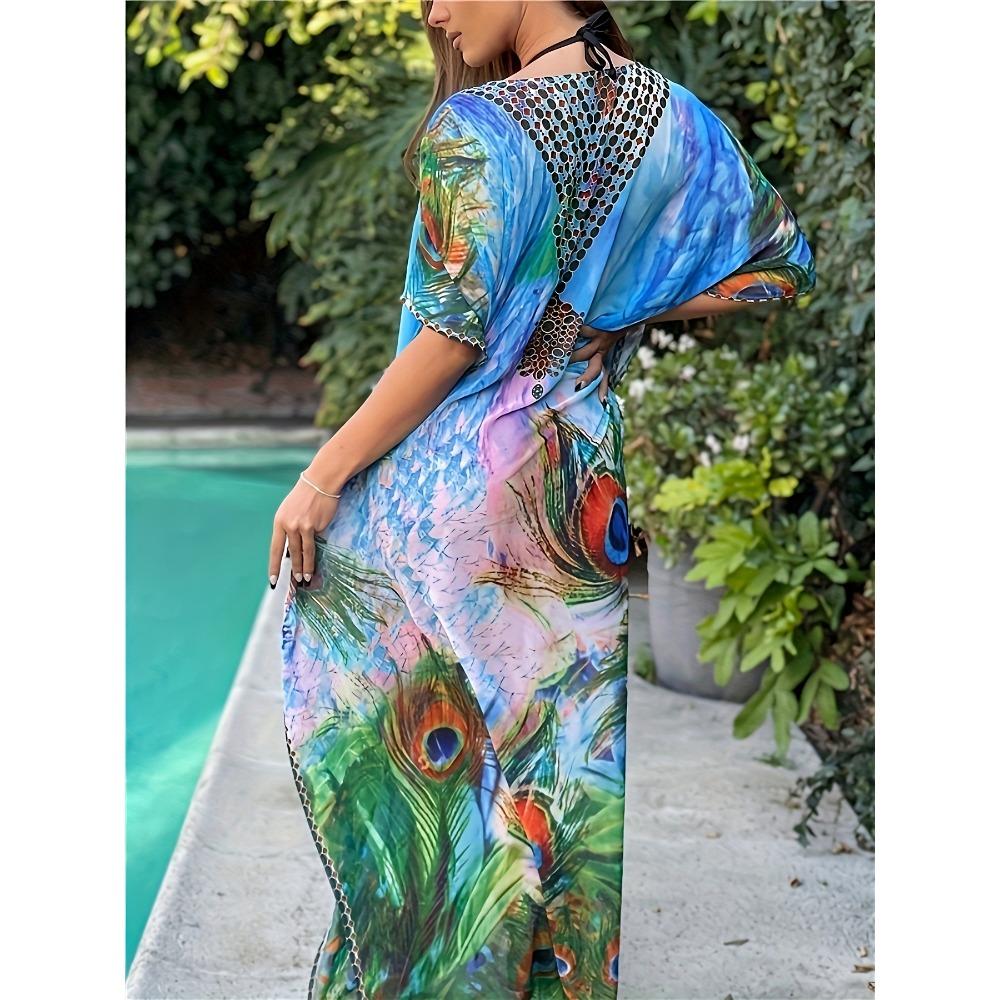 Свободное платье большого размера с принтом павлина, пляжное платье макси с короткими рукавами для отпуска, женская одежда