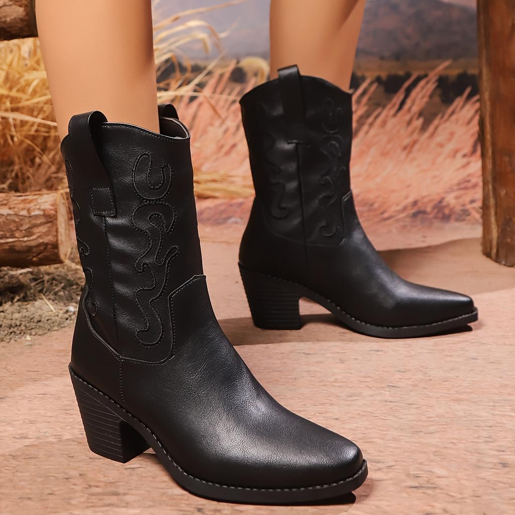 Women's Wide Width Pointed Toe Cowboy Boots, Chunky Heel Western Leather Boots, Vintage Slip-On Martin Booties for Women