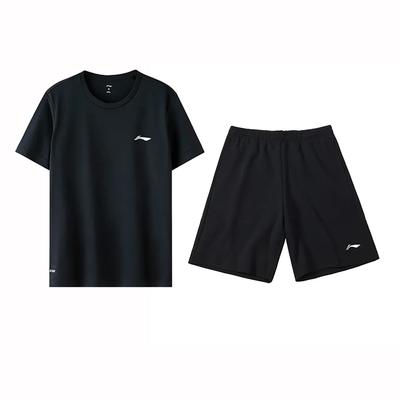 Li-Ning Свободный крой, однотонный, с логотипом, круглый вырез, спущенное плечо, пуловер, короткий рукав, средняя посадка, эластичные шорты, повседневный спортивный комплект ATST641-1+AKST453-1