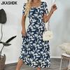 Женская мода лето весна цветочный узор принт короткий рукав квадратный воротник Высокая талия повседневные платья
