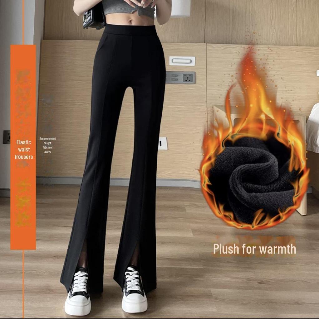 Черные расклешенные брюки с высокой талией для женщин - утягивающие, весна/осень, большие размеры, легкий дизайн с разрезом спереди