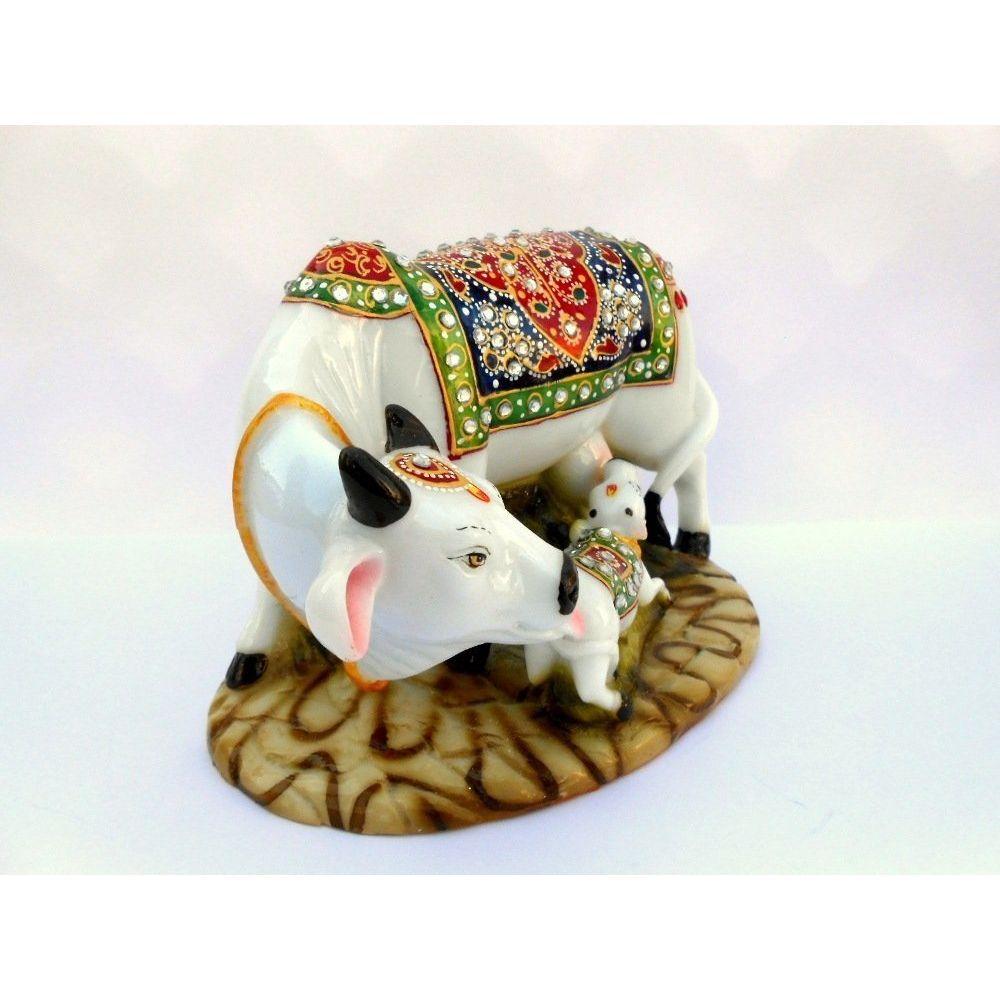 India Polyresin Decorative Cow and Calf Idol | Kamadhenu Gau MATA Murti Home Decor | Good Luck Gift Showpiece Figurine
