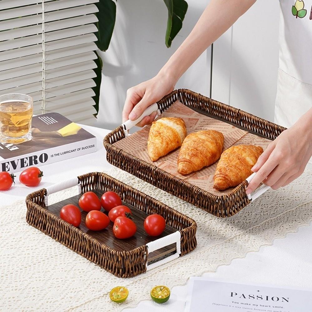 Retro Style Woven Serving Basket Handwoven Plastic Rattan Storage Tray Kitchen Storage