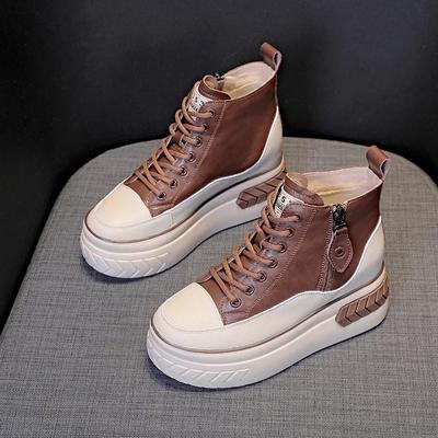 Женские туфли кожаные 8 см Платформа Сапоги танкетка Скрытый каблук Молния Весна Осень Теплый мех Зимняя обувь Кроссовки 2024