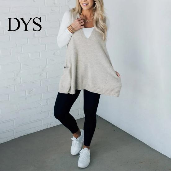 Women Sleeveless Knitwear Sweater V-neck Solid Color Knitting Vest with Everyday Commuting Style Pockets Ribbed Trim Loose Fit Mid-length Casual Top