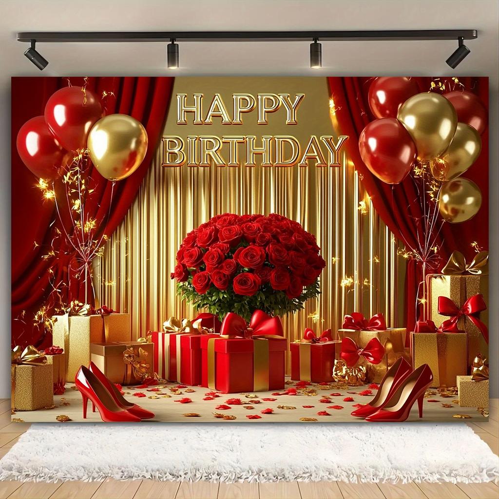 A pair of red high-heeled shoe theme background fabric, balloon and rose polyester fabric background, birthday wedding