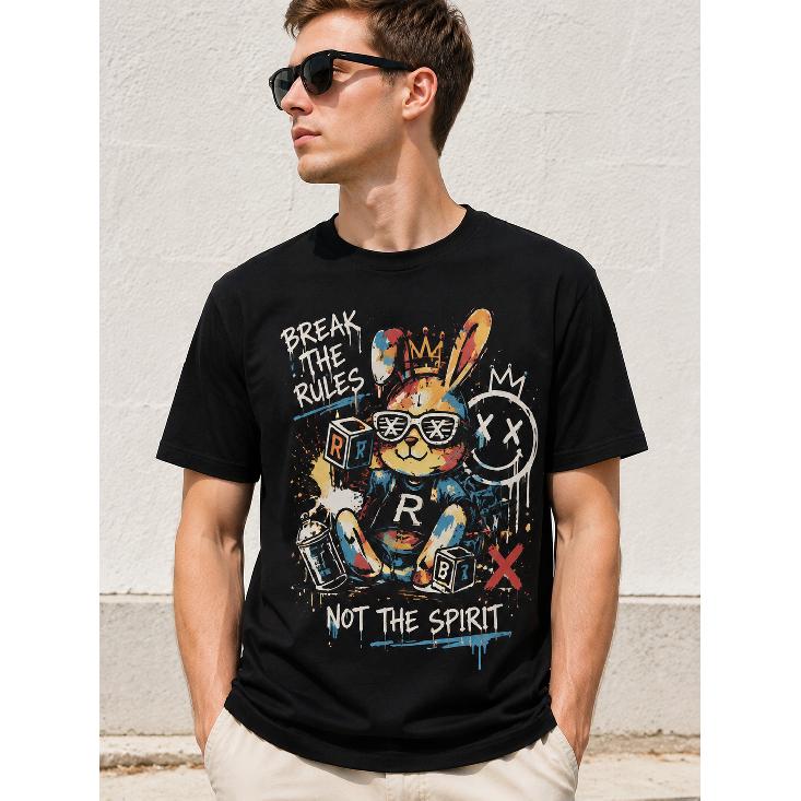 Men's black graphic tee with rebellious bunny print, short sleeves, crew neck, soft cotton feel, streetwear style for casual daily wear