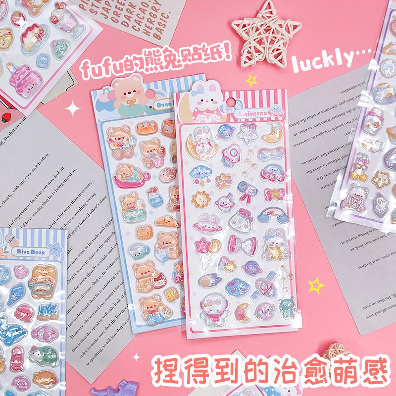 3D Embossed Cute Cartoon Bear Rabbit Series Stickers Self Adhesive Kids Creative Craft Journal Scrapbooking Decorative Supplies