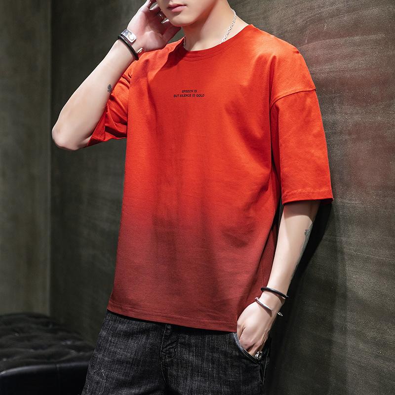 Мужская повседневная футболка с коротким рукавом Лето Новая Мужская Мода Бренд Градиент Свободная Базовая Футболка Чистый Хлопок Футболка с Половиной Рукава