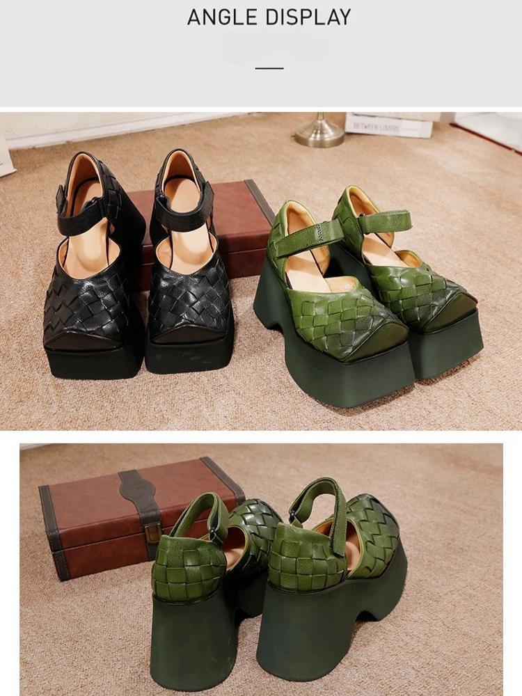 Johnature Женские босоножки на танкетке 10 см, плетеные из коровьей кожи, с толстой подошвой, ретро, из натуральной кожи