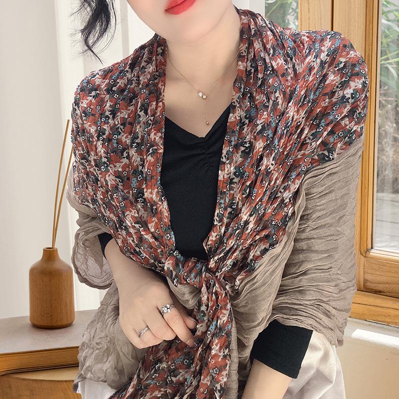 Small Floral Thin Mori Age-reducing Wrinkled Sunscreen Silk Scarf Women's Summer New Versatile Shawl Fashion Trends