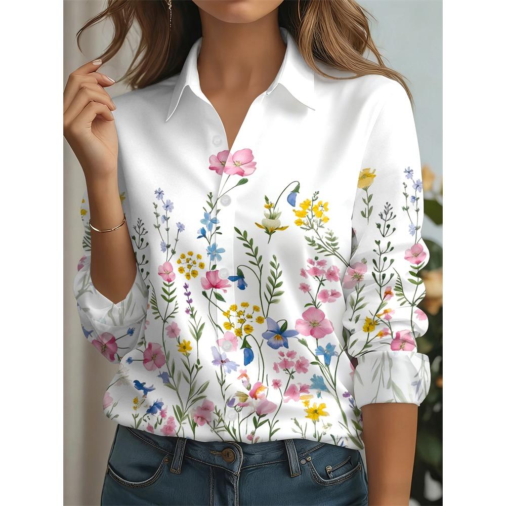 Women's Simple and Casual Long-Sleeve Shirt for Spring and Fall Elegant Floral Print Shirt with A