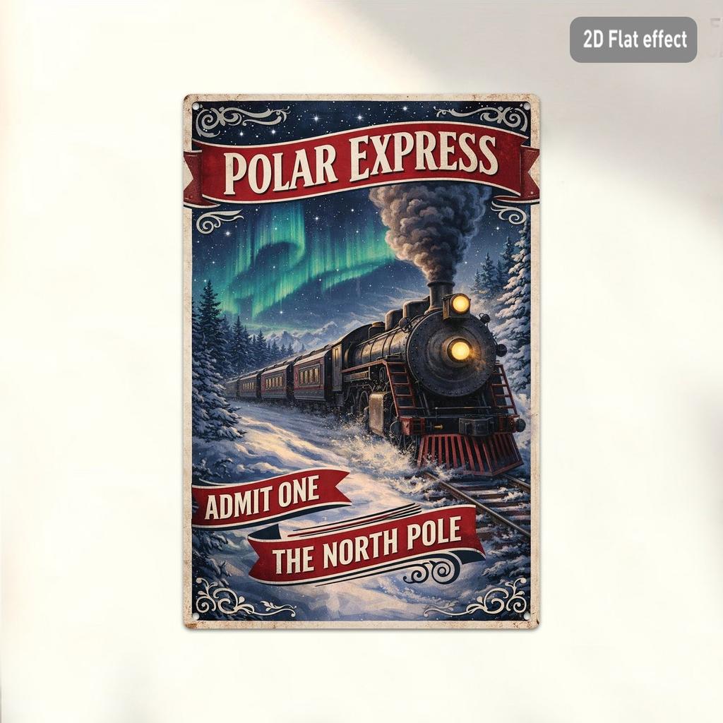 1pc Vintage Polar Express Metal Decorative Sign, 20x30cm Iron Wall Plaque with Snowy Steam Train & Northern Lights Design, Winter Themed Hanging Decor