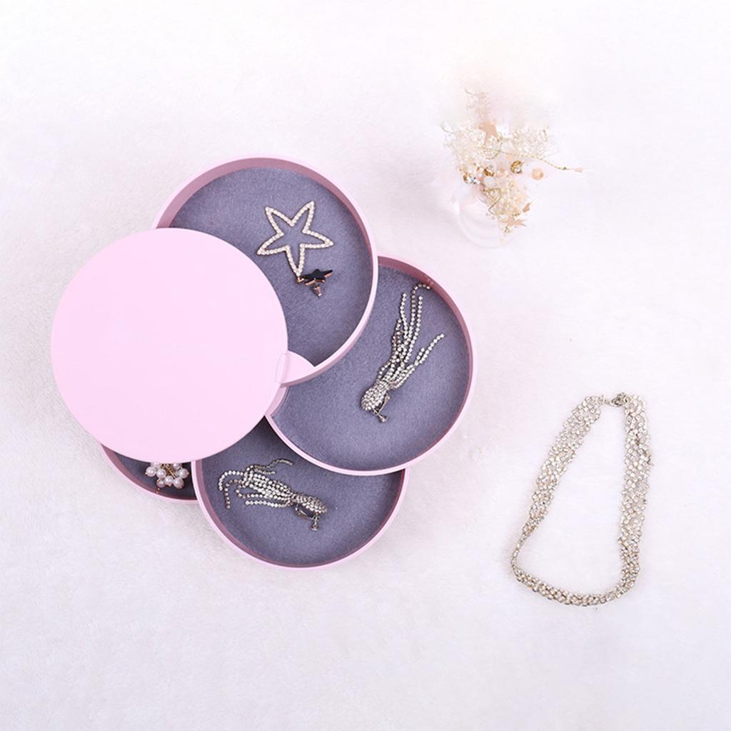 Портативная шкатулка для драгоценностей, дорожный футляр для драгоценностей, 4 слоя, вращающийся органайзер для хранения сережек с зеркалом розового цвета