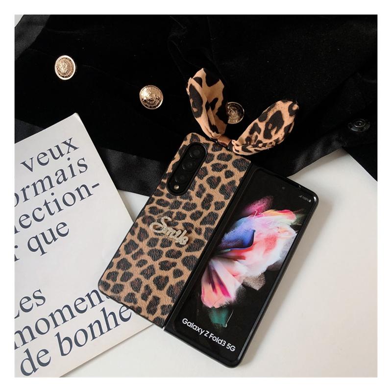 Cute Leopard Bunny Ears Leather Phone Case For Samsung Galaxy Z Fold3 4 S22 S21 S20 A12 A22 A32 A52 A72 A03s A13 A33 A53 A73 M53