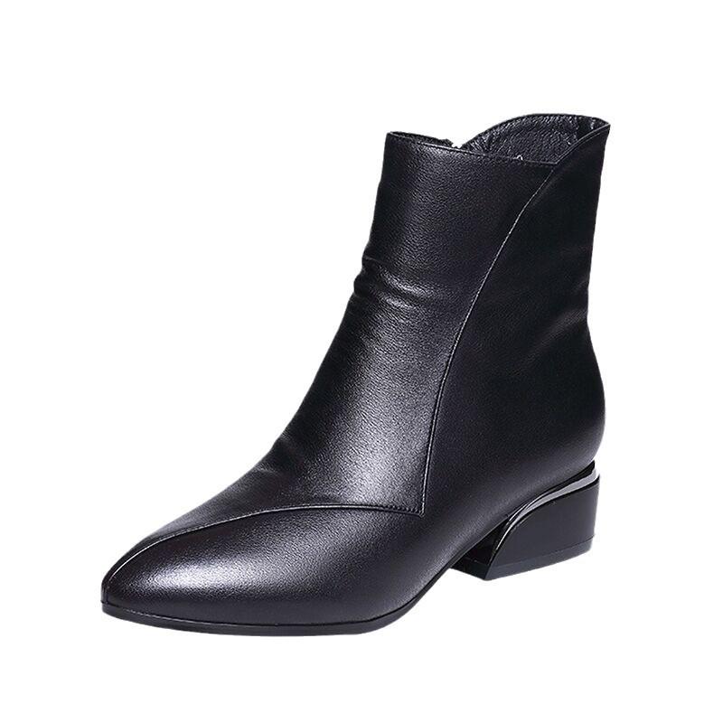 Женские большие мягкие кожаные модные сапоги: 2025 Осень/Зима, Острый носок, Толстый каблук средней высоты, Короткий стиль