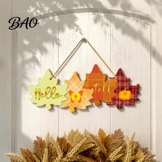 Holiday Hanging Welcome Plaque Autumn Sign with Rope for Front Door, Rustic Maple Leaf Shape Wood Decorative Harvest Decor Pumpkin And Butterfly
